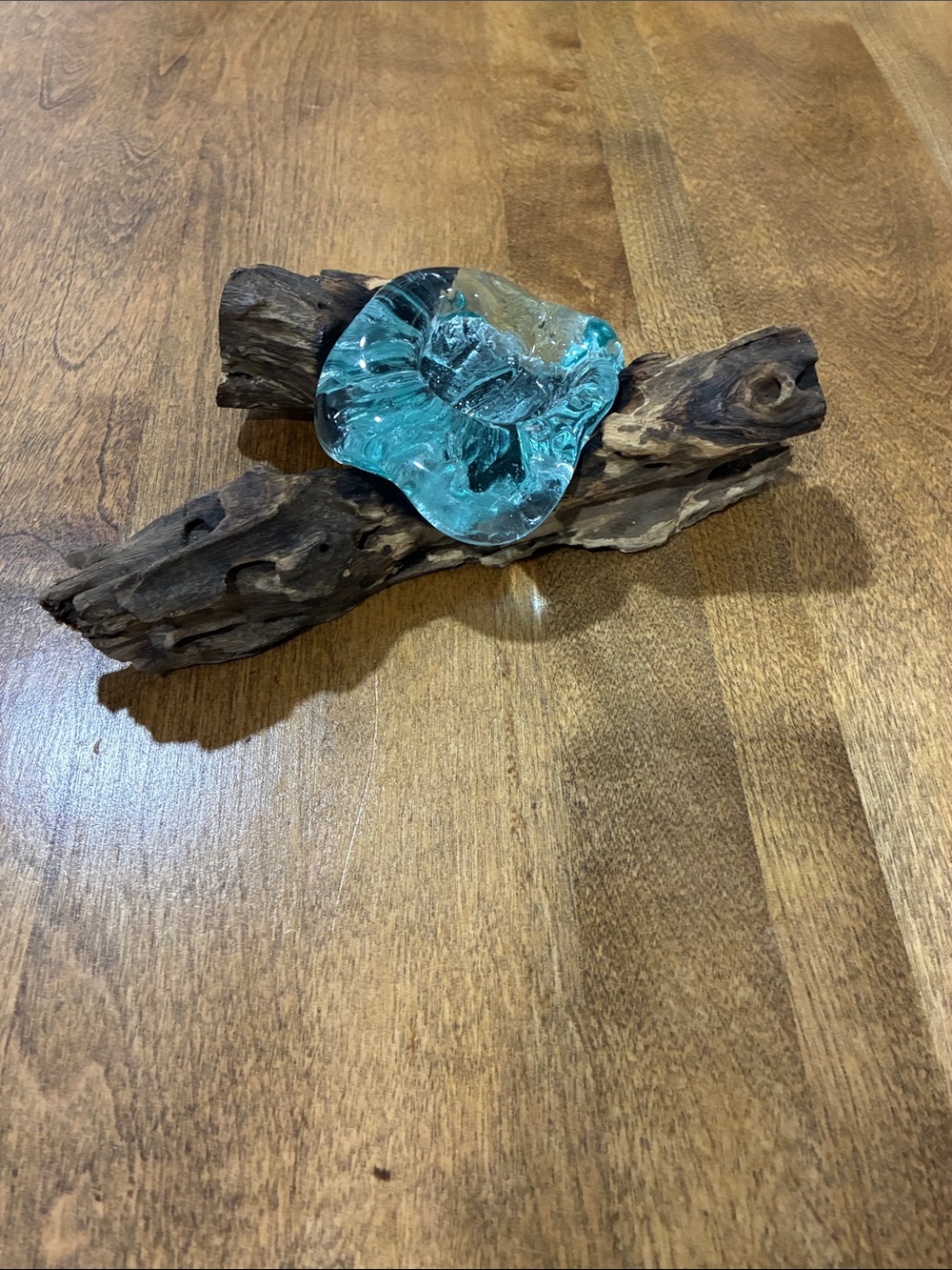🔥🔥Hand Crafted Aqua Glass Bowl on Natural Driftwood